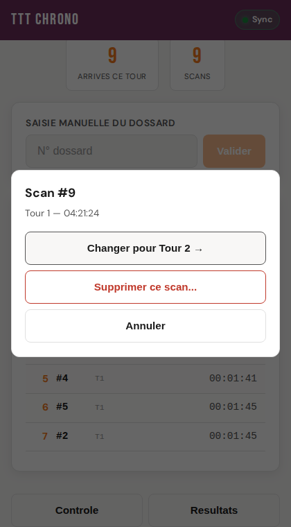 Menu de correction depuis le mode Arrivée